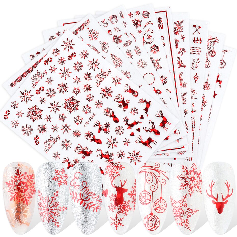 Set 9 miếng dán trang trí móng tay họa tiết bông tuyết 3D màu đỏ/ xanh lá dạ quang độc đáo