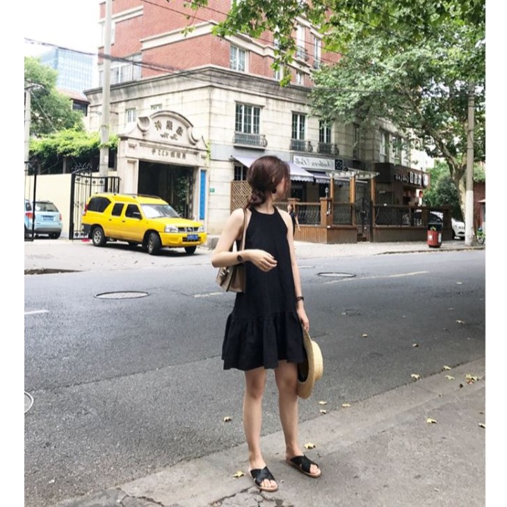 Váy nữ đen cổ tròn, chất voan cát, phong cách vintage siêu xinh - V33