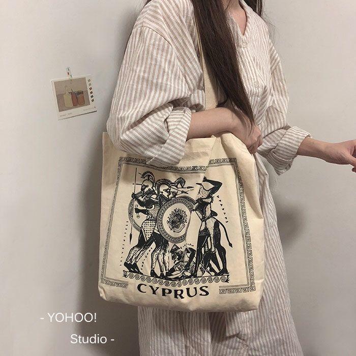 [Special offer]Women's bag retro shoulder bag Greek illustration chic Korean version versatile canvas bag retro handbag female student ins