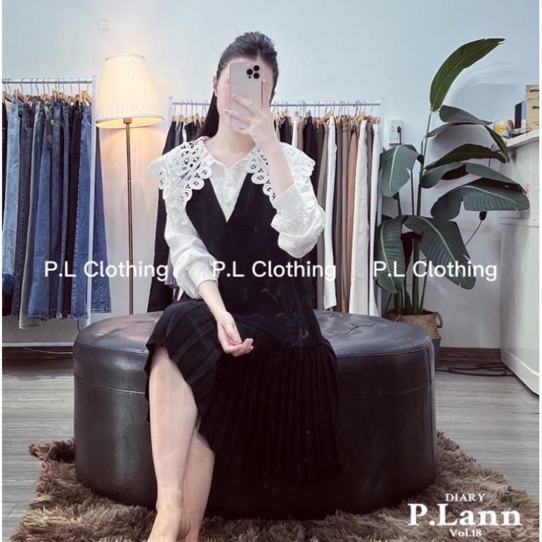 Váy Bầu cổ ren dính ngọc siêu xinh,pha chân xếp ly ,dáng xuông ,tay pha voan,phù hợp mặc thu đông