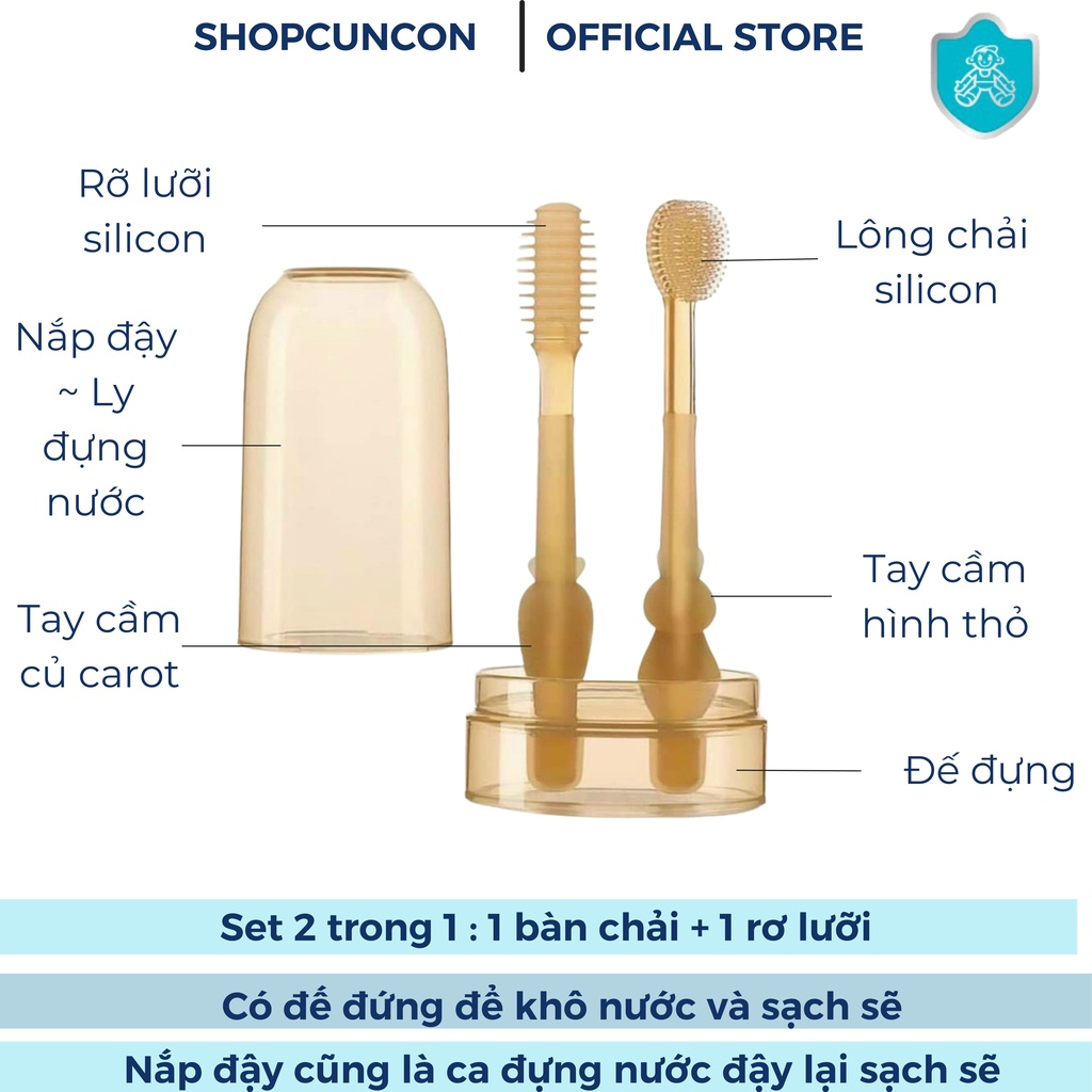 Bàn chải đánh răng kèm rơ lưỡi Siliicon chịu nhiệt kèm cốc cho bé từ 0-24 tháng tuổi, set vệ sinh răng miệng cho bé