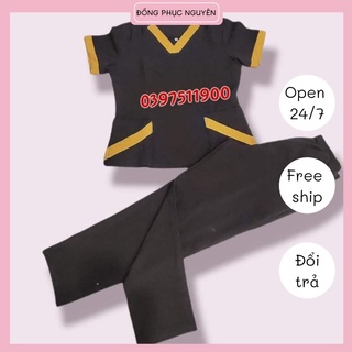 Đồng phục spa màu nâu viền vàng