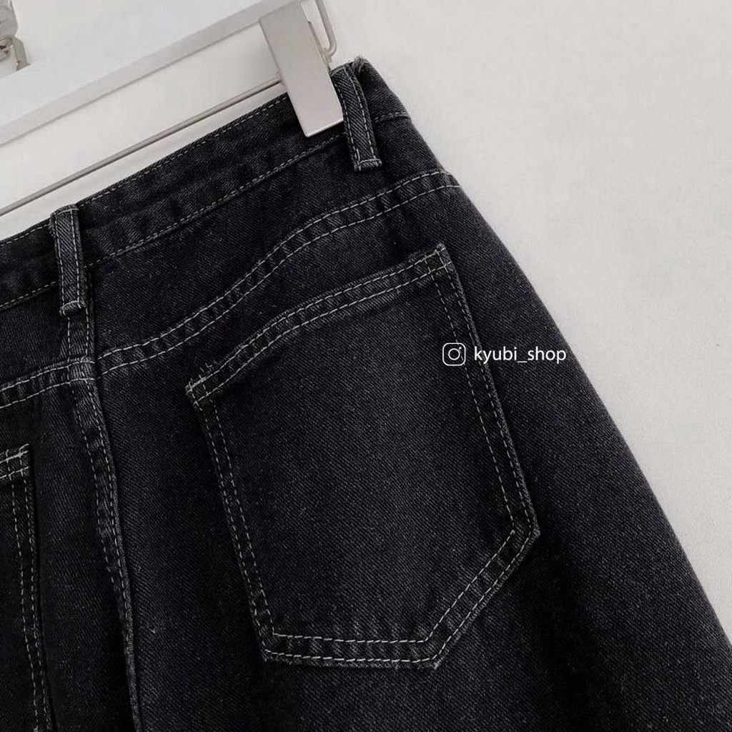 Quần jean nữ ống rộng suông màu đen chỉ nổi kèm đai lưng cúc - Quần jeans ống suông KYUBI JIN23