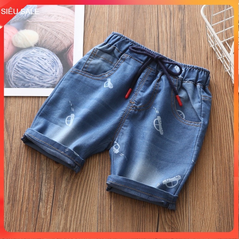 Quần ngố cho bé trai 1-5 tuổi hình oto, Quần jean trẻ em vải bò giấy mềm khỏe khắn thời trang