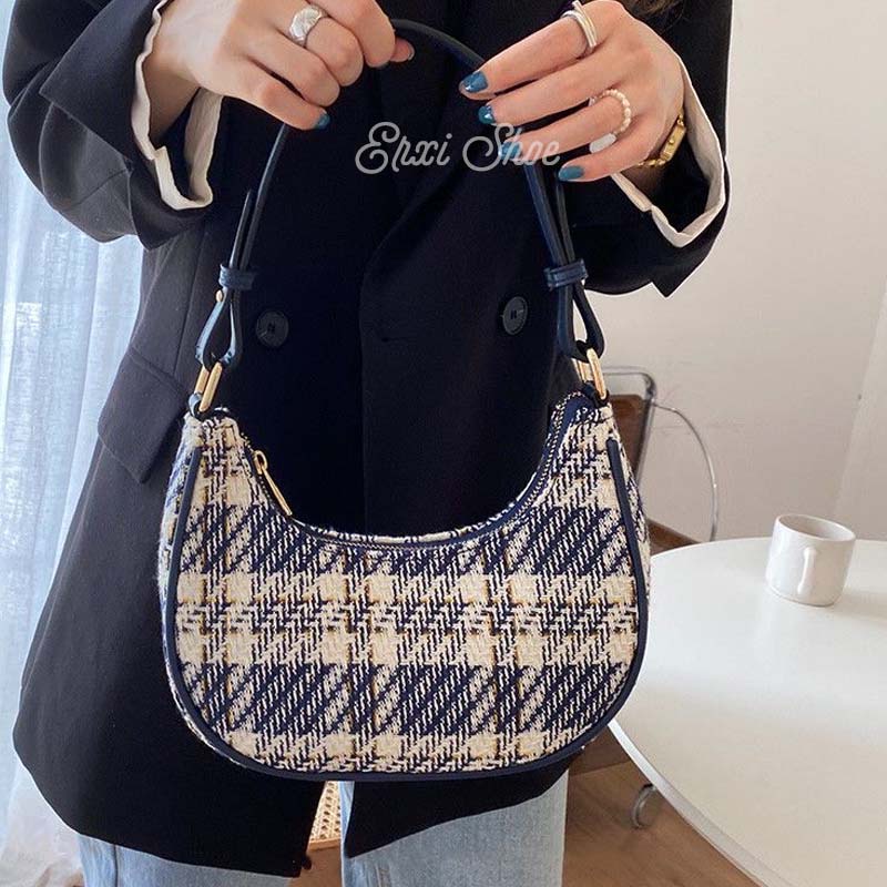 Oeteo Túi Xách Đeo Vai Vải Bạt Họa Tiết Kẻ Sọc Có Khóa Kéo Cho Nữ