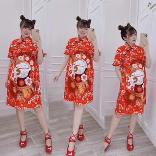 (NHIỀU MẪU), ĐẦM ĐỎ SƯỜN SÁM HỌA TIẾT SIÊU XINH, ÁO DÀI CÁCH TÂN