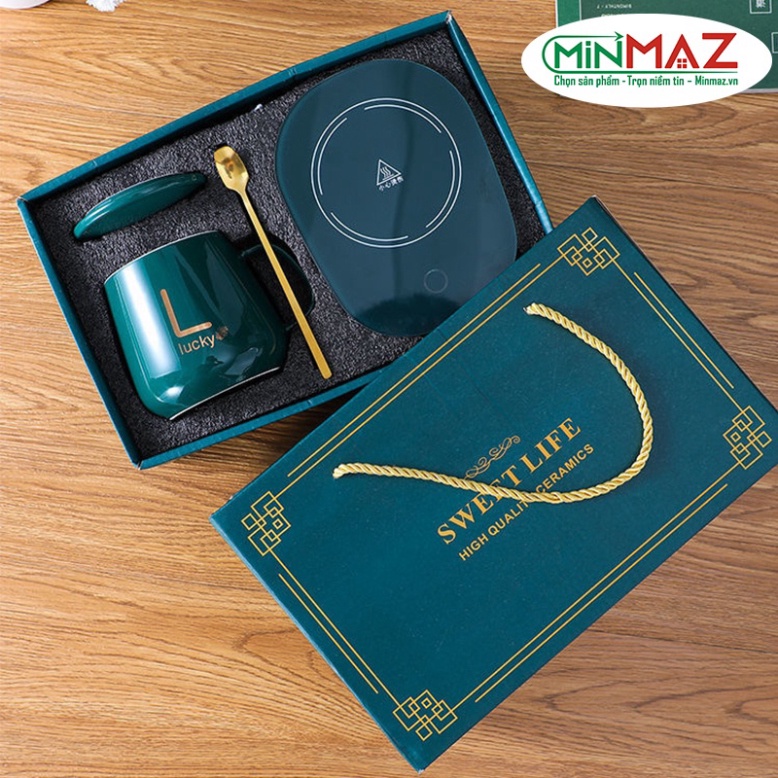 Bộ Cốc Sứ Hâm Nóng Đồ Uống, Bộ Cốc Đế Điện Bằng Sứ Cao Cấp Làm Nóng Đồ Uống Kèm Hộp, Nắp và Thìa Mạ Vàng Tiện Lợi - Ship