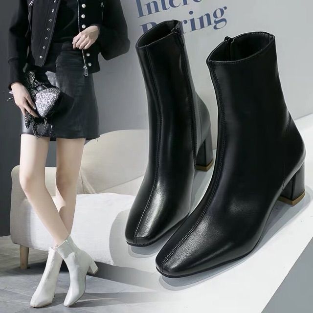 (sẵn) Boots nữ Quảng Châu da trơn đế 7cm trắng kem và đen