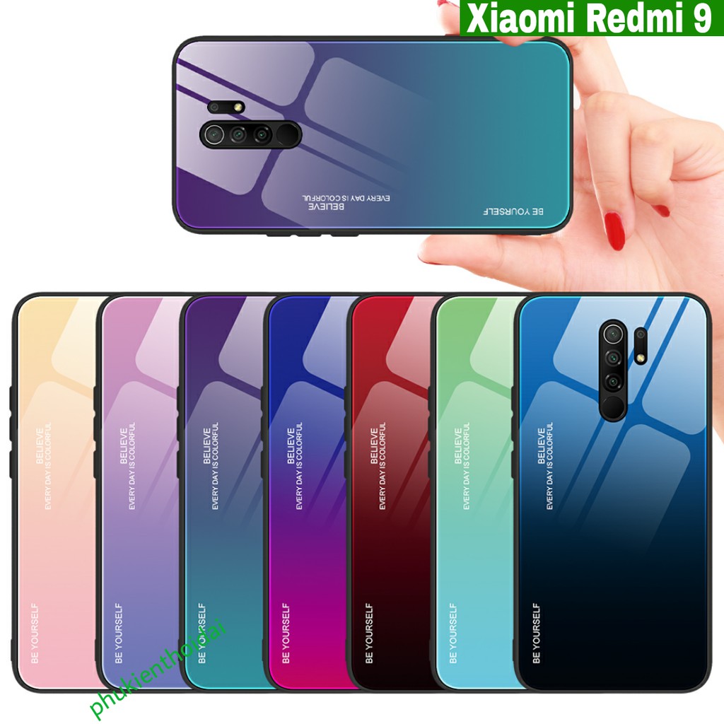 Ốp lưng Xiaomi Redmi 9 mặt lưng kính thời trang đa sắc cao cấp