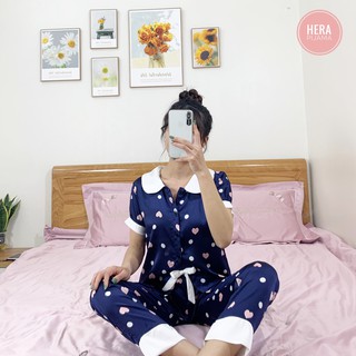 Đồ ngủ, pijama áo cộc tay lụa cao cấp họa tiết trái tim xanh - hera pijama