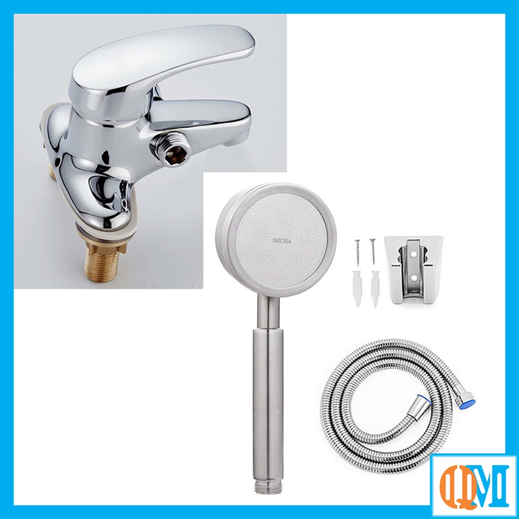 Bộ vòi Lavabo Nóng Lạnh liền sen 2 chân đồng và bộ tay sen inox 304 tròn dày