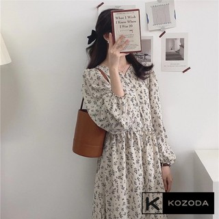 Váy babydoll dáng dài đầm hoa nhí trắng đen hàn quốc dài tay vintage tiểu thư đẹp kozoda D9
