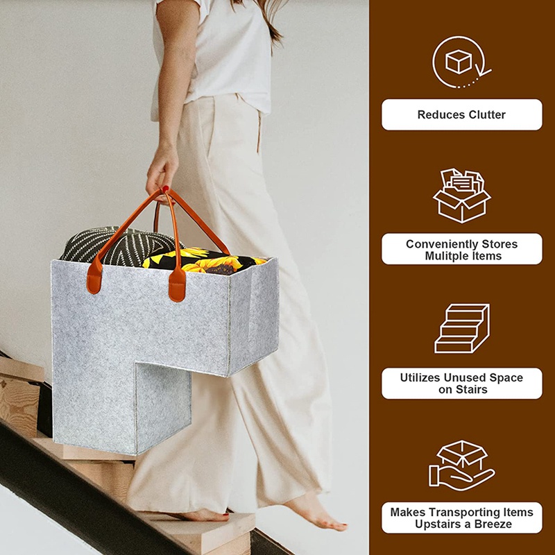 Set 2 Giỏ Đựng Đồ Gắn Cầu Thang Bằng Da Có Tay Cầm Màu Xám 16Inch