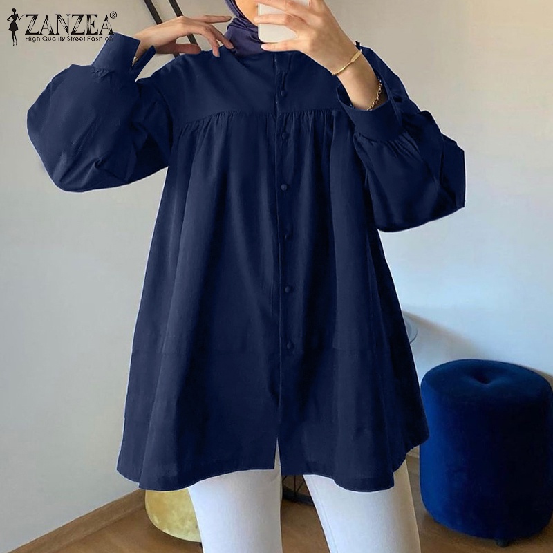 Áo sơ mi kiểu ZANZEA tay dài phồng cổ đứng dáng rộng màu đơn sắc thời trang thanh lịch cho nữ