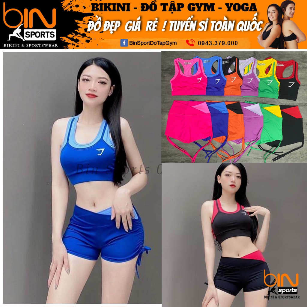 Set bộ đùi thể thao tập gym yoga nữ phối màu áo bra kèm mút quần đùi cạp chéo dây rút cao cấp Bin Sport BN068