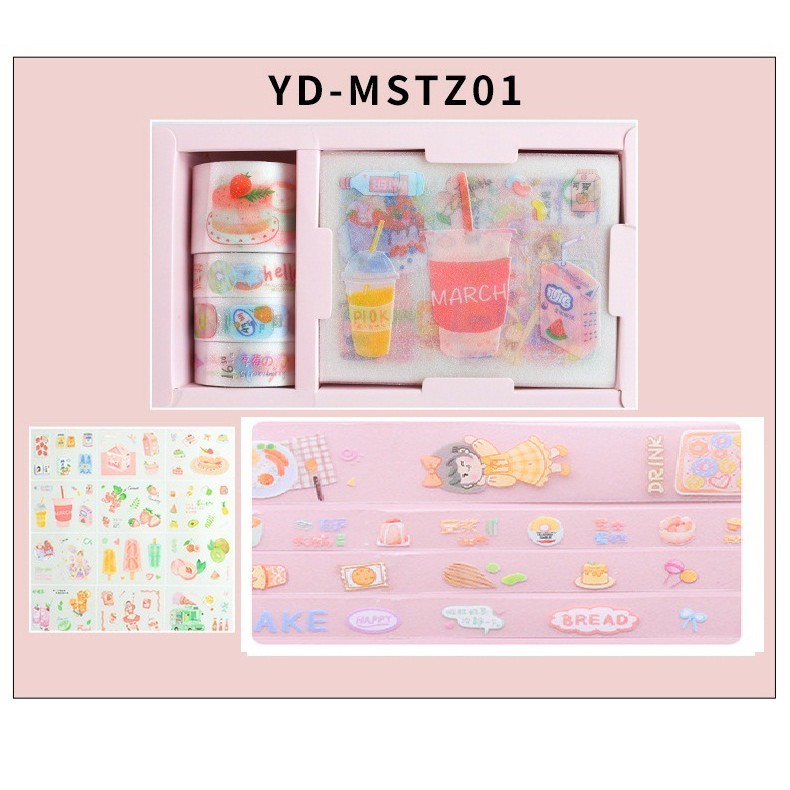 Hộp 4 Washi Tape Trong Nhũ Dài 3m Kèm 12 Tấm Sticker Trang Trí Planner, Scrapbook