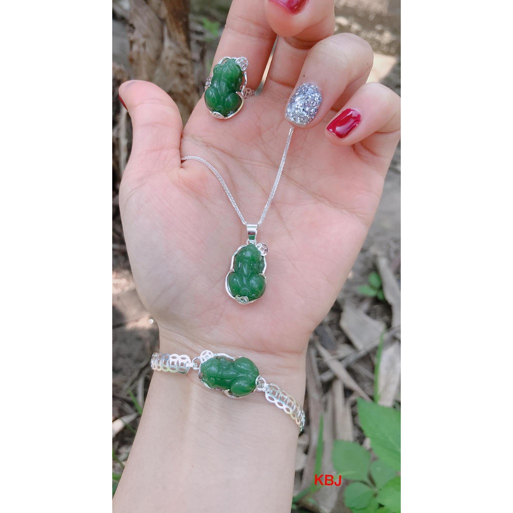 Bộ trang sức bạc thật mặt đá tỳ hưu phong thuỷ 3 món dây chuyền lắc tay nhẫn