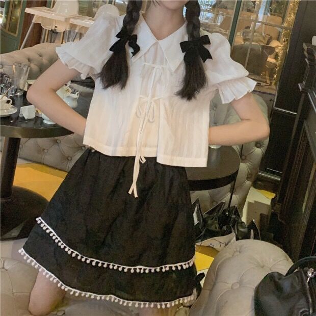 Áo kiểu croptop babydoll cổ bẻ tay ngắn phồng dáng rộng cột nơ màu trắng phong cách Hàn Quốc ulzzang thời trang cho nữ