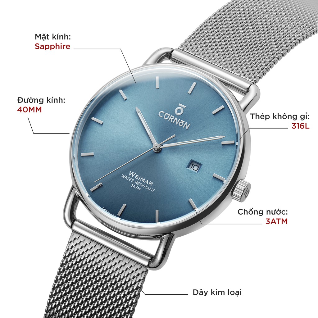 Đồng hồ nam Curnon Weimar Baltic dây kim loại chính hãng, thiết kế 3 kim thời trang | BigBuy360 - bigbuy360.vn
