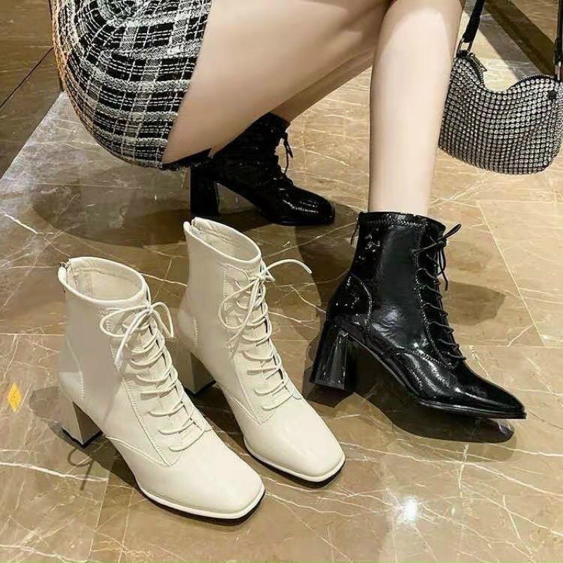 Giày boots nữ thời trang cổ lửng chất da bóng buộc dây cực xinh xắn