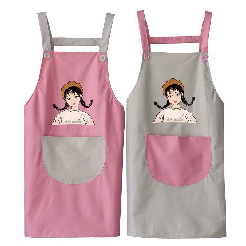 Tạp dề nấu ăn, tạp dề chống nước có túi đựng và lau tay hình cô gái phong cách Hàn Quốc