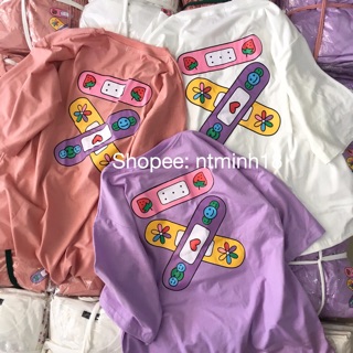 Áo thun tay lỡ hình băng dán sticker urgo tím