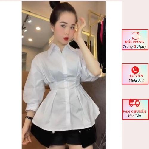 Áo sơ mi trắng nữ xếp ly eo tay bồng tiểu thư công sở thanh lịch ulzzang Hàn Quốc