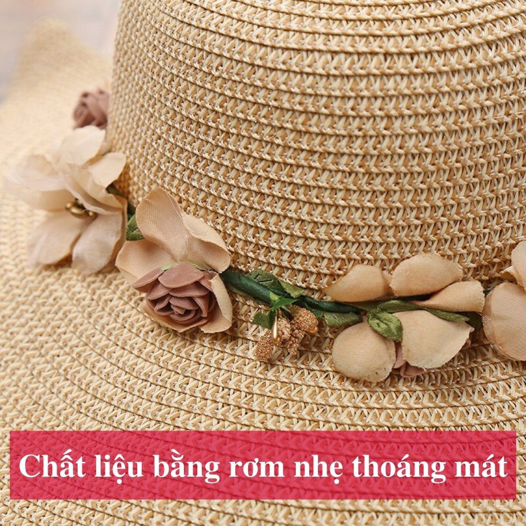 Mũ nón cói đi biển cho mẹ và bé vành rộng che nắng nơ hoa xinh xắn phong cách hàn quốc