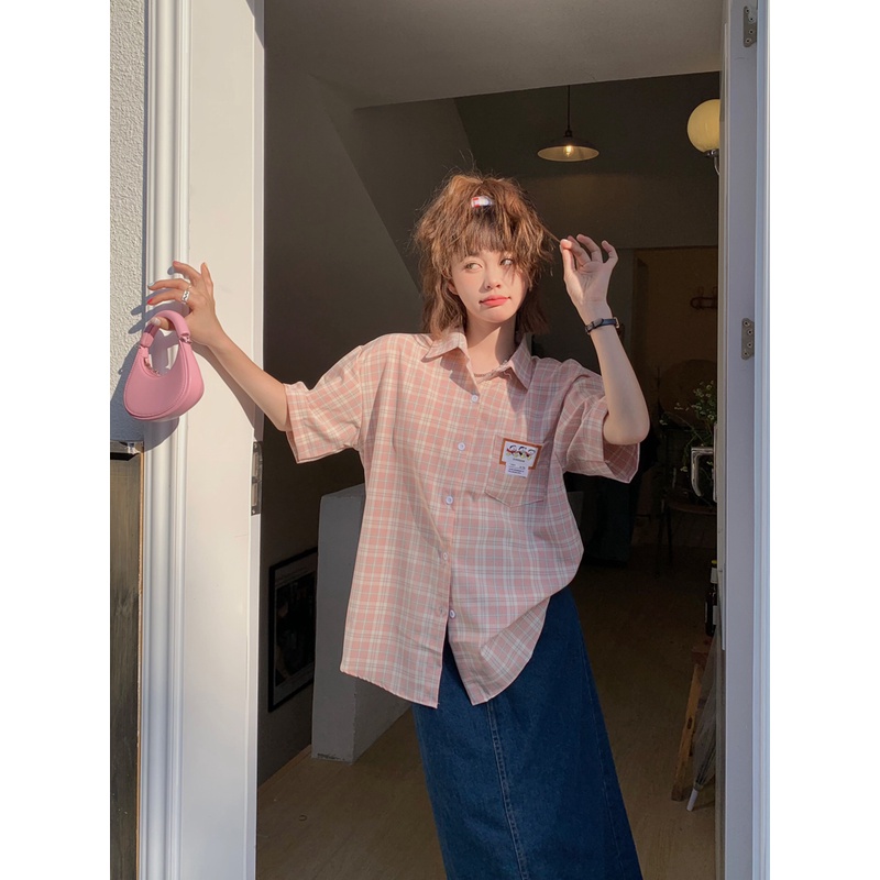 Ethelgirl Áo Sơ Mi Nữ Ngắn Tay Họa Tiết Caro Thời Trang