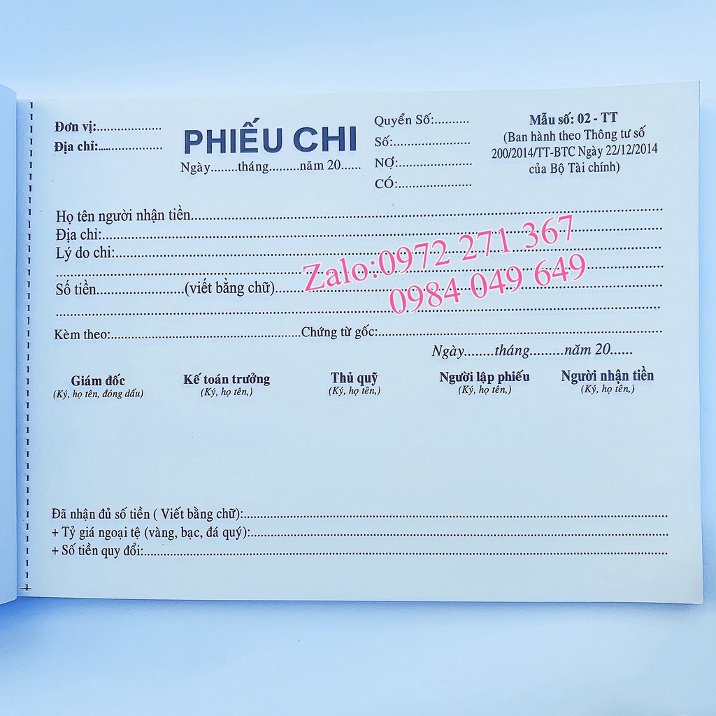 Phiếu thu, Phiếu chi A5 2 liên 60 tờ, 100 tờ