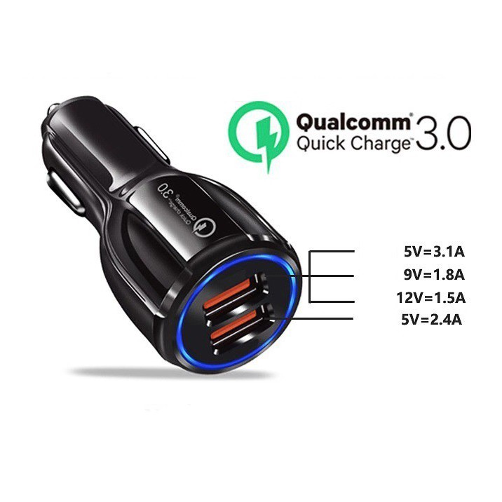 Tẩu Sạc Nhanh Ô Tô, Cốc Sạc Xe Hơi Qualcom 12V, Sạc Xe Ô Tô Siêu Nhanh An Toàn 2 Cổng USB 3.0 Đèn Led Cắm Tẩu