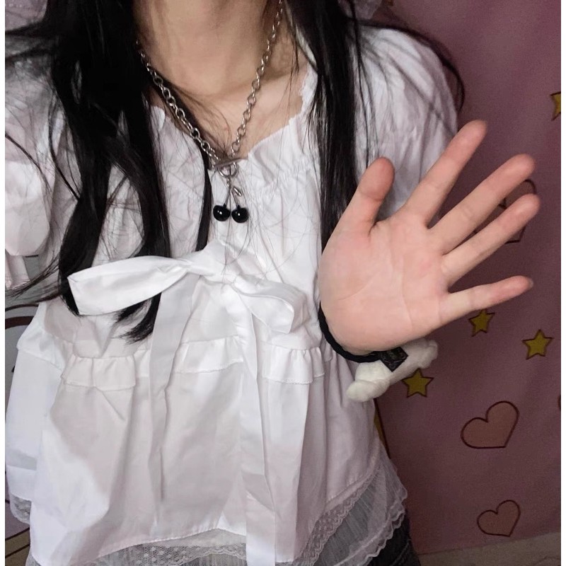 Áo Croptop Babydoll [Tiệm Vải Xinh] Áo Croptop Viền Ren Ngắn Tay Dễ Thương