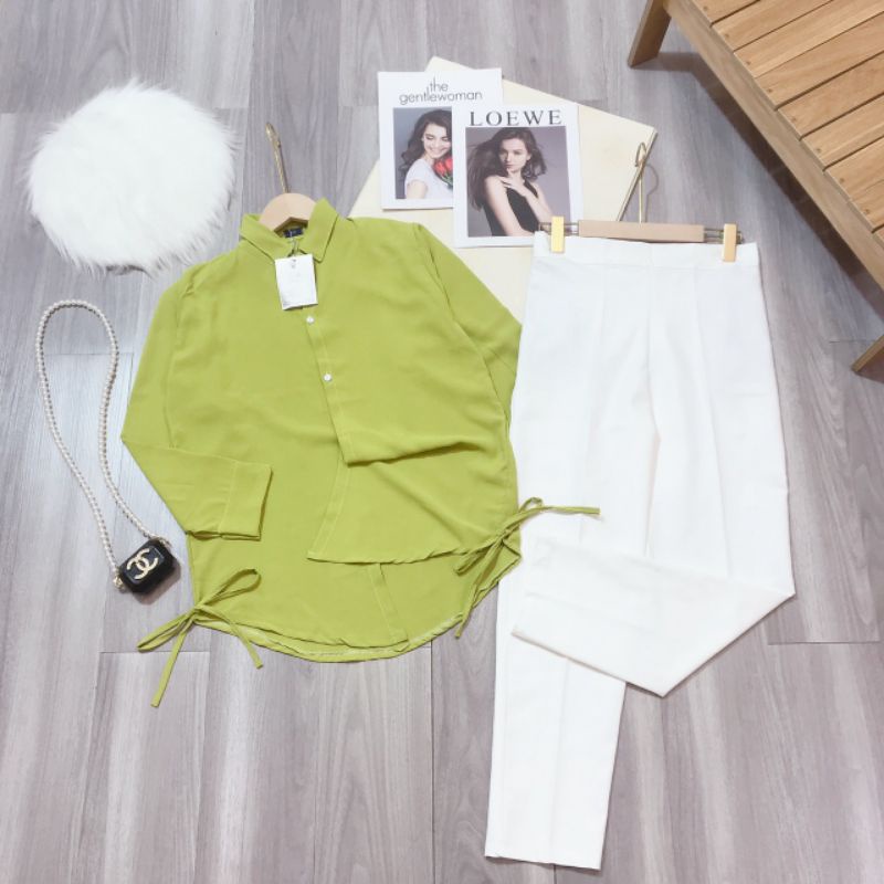 Set Linh Ngọc Đàm áo sơ mi xanh lá kèm quần