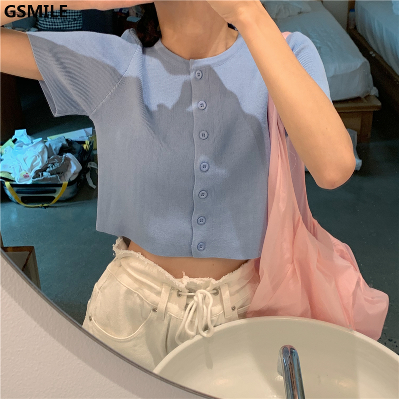 Áo Croptop Dệt Kim Tay Ngắn Phối Nút 6 Màu Lựa Chọn Cho Nữ