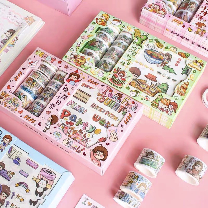 Hộp 10 cuộn washi tape và 10 tờ sticker