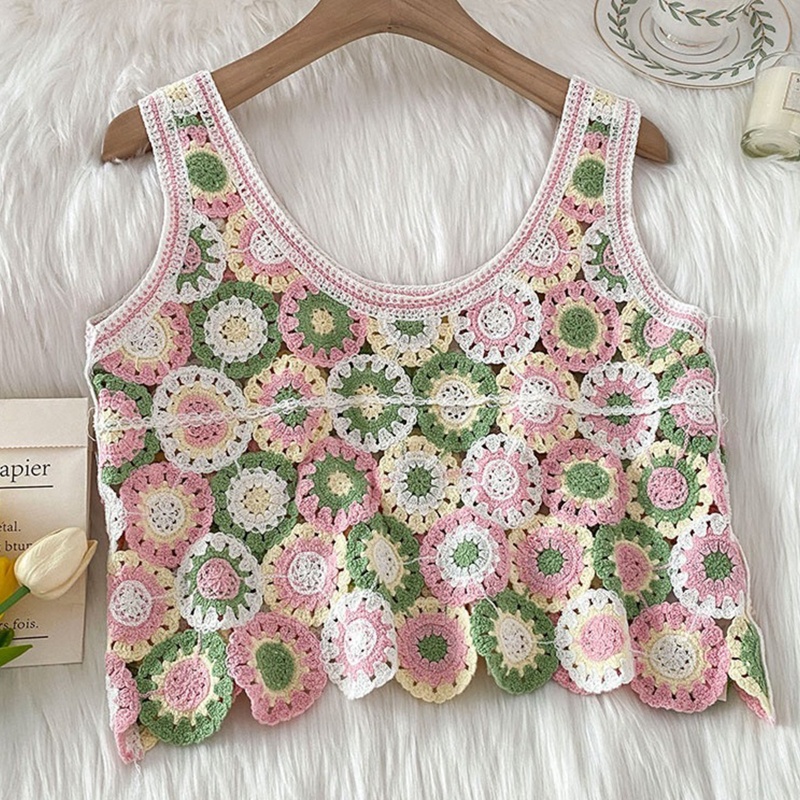 Brroa Áo Crop Top Dệt Kim Không Tay Họa Tiết Hoa Tròn Rỗng Đan Móc Thời Trang Đi Biển Cho Nữ