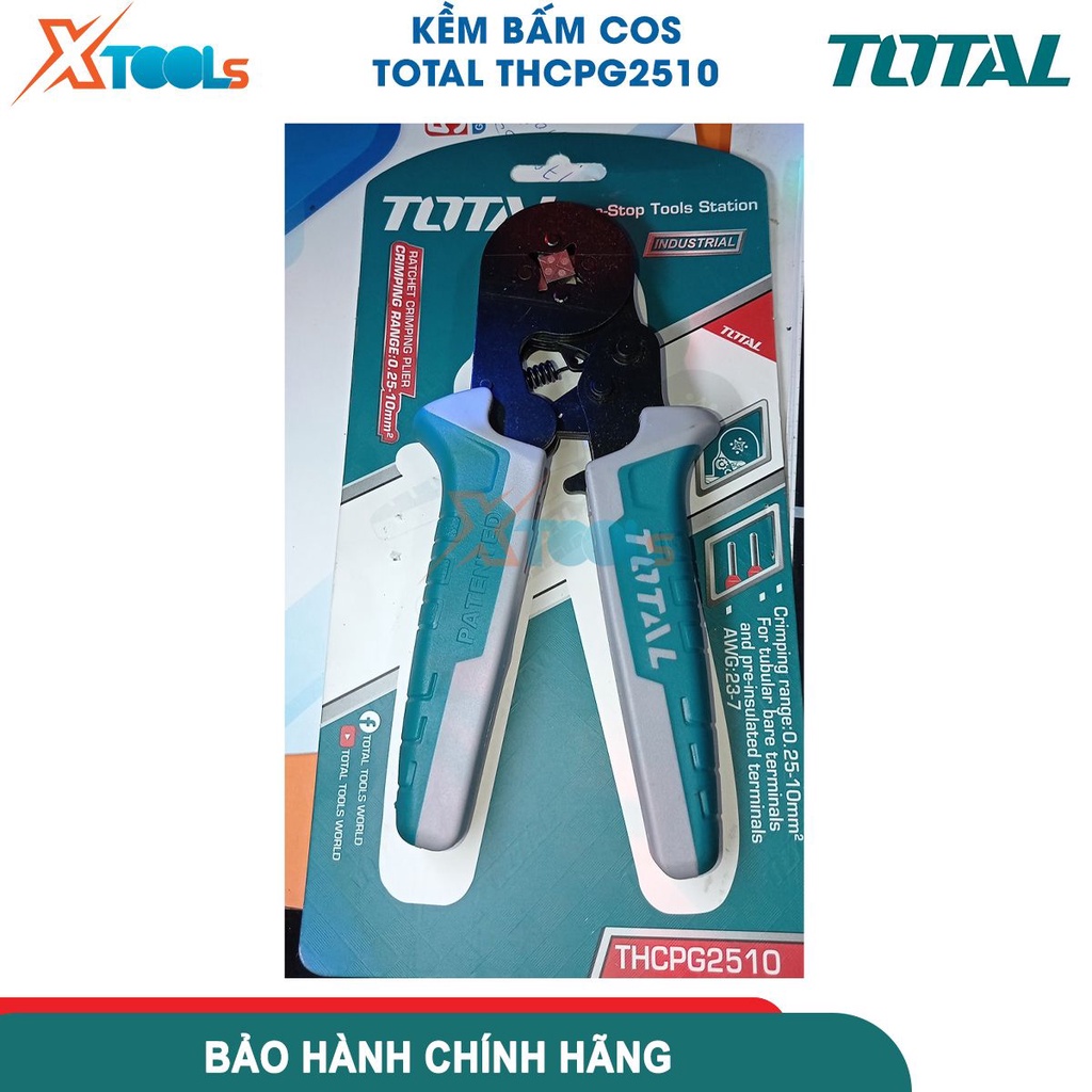 Kềm bấm cos 6'' TOTAL THCPG2510, kìm bấm cos đầu dây cách điện AWG23-7, phạm vi bấm: 0.25-10mm² [CHÍNH HÃNG][XTOOLS]