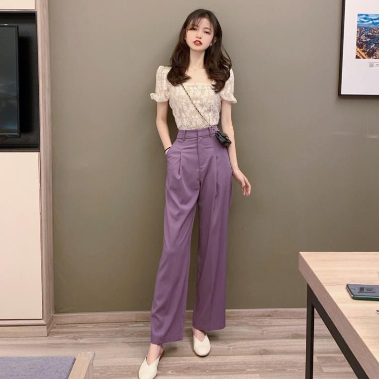 Set áo ren quần tím ống rộng