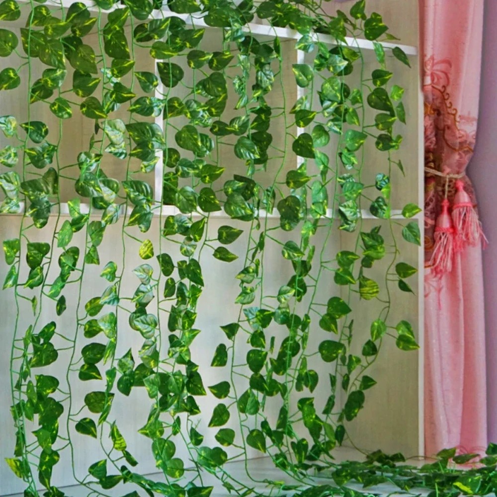 2.1M Artificial Ivy Leaf Creeper Fake green leaves/ Artificial Silk Flowers Fake Tree Leaf/ Garland Green Plant Plastic Vine Fake Foliage/ Home Wedding Garden Rattan String Wall Decor