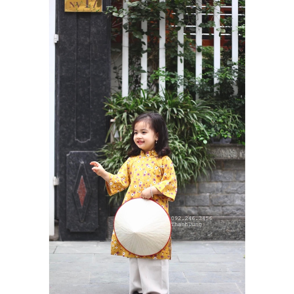 Sét áo dài truyền thống tặng kèm turban cho bé gái chất liệu thô cà bông và quần nhung tăm