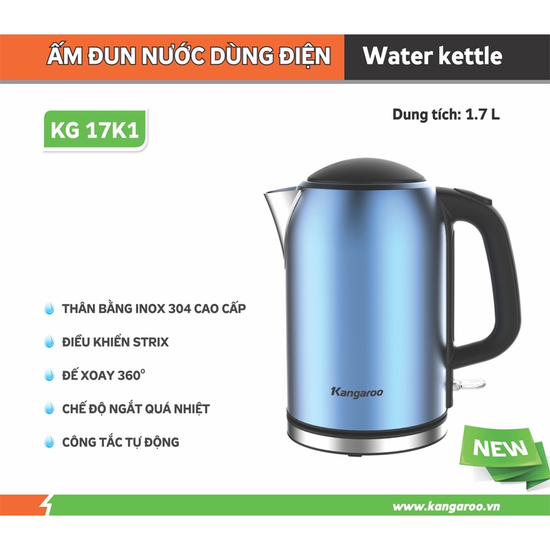 Bình đun siêu tốc Kangaroo inox 1.7L model KG17K1