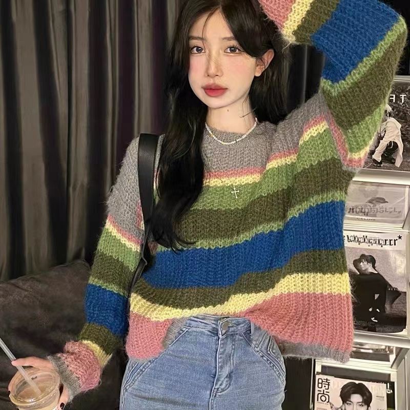 Áo Len Chui Đầu Dáng Rộng Hoa Văn Kẻ Sọc Thiết Kế Mới Thời Trang Dành Cho