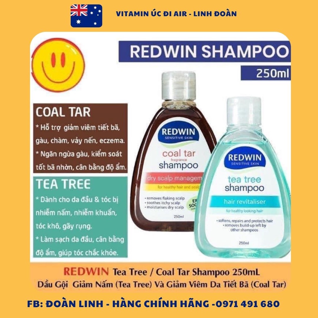 Dầu gội giảm gàu, nấm, giảm nhờn Redwin Coal Tar, Tea tree, Hàng Chuẩn úc đi air