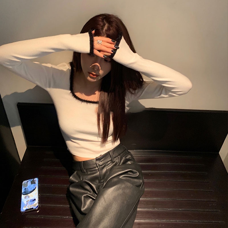 Áo Sweater Dệt Kim Tay Dài Cổ Vuông Thời Trang Cho Nữ