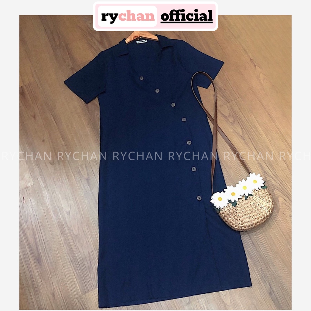 [ẢNH THẬT CUỐI] DX255 - Đầm Xòe Xanh Đen Nút Chéo Cổ Bẻ Cột Eo