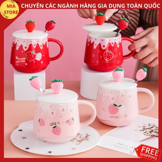 Cốc/ ly sứ uống nước/uống cafe/trà hình trái dâu có nắp đậy siêu cute