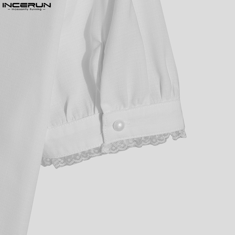 INCERUN Áo Sơ Mi Trắng Tay Ngắn Phồng Phối Nút Thời Trang Cho Nam