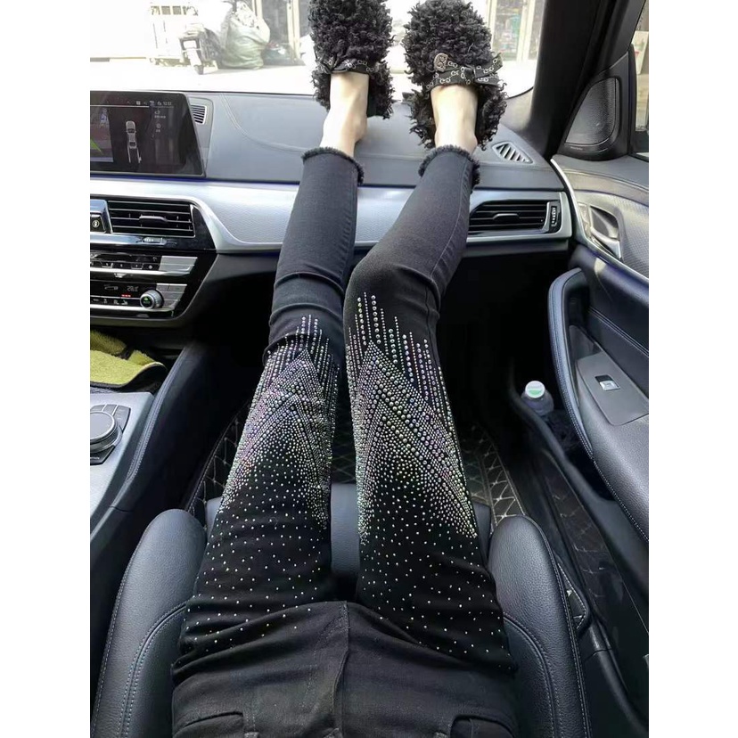European station 2022 Spring and Autumn new large-size high-waisted jeans female heavy industry hot drill shows a hundred points of skinny trousers