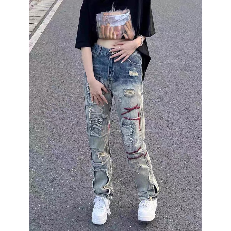 Quần jean nam nữ Unisex rách gối họa tiết thêu phong các đường phố,quần Miuzi DT115