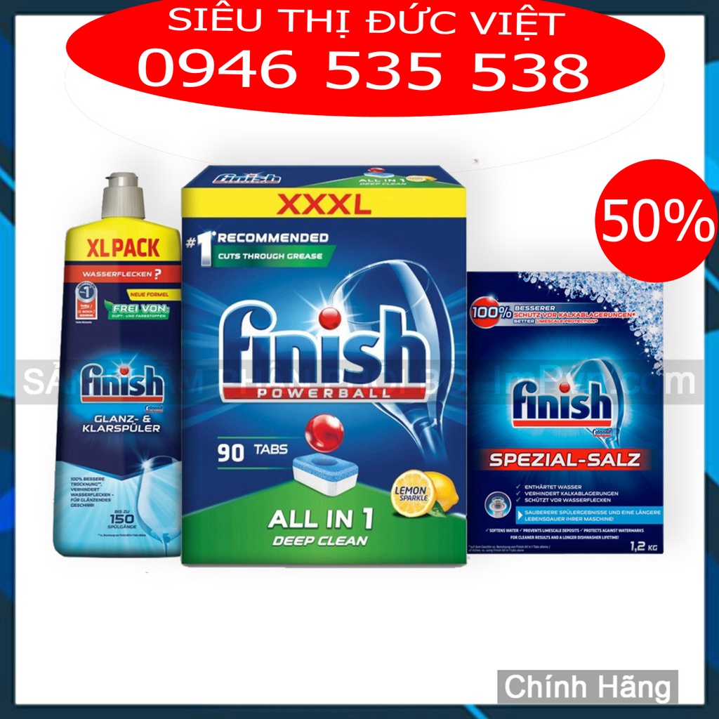 Combo viên rửa bát Finish Hộp All in one  90 viên, Muối 1.2kg, Nước làm bóng 750ml - siêu thị đức việt